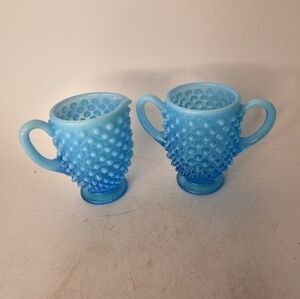 Vintage Fenton blue‎ hobnail opalescent sugar and creamer